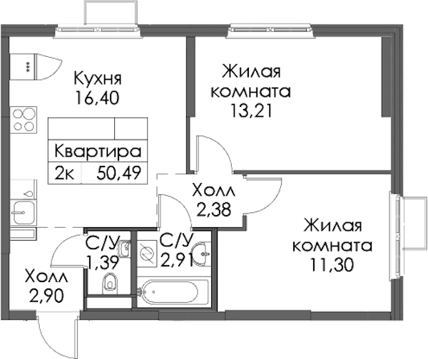 2-комнатная квартира 50.49 м², 7/12 эт., ЖК «Таллинский парк»